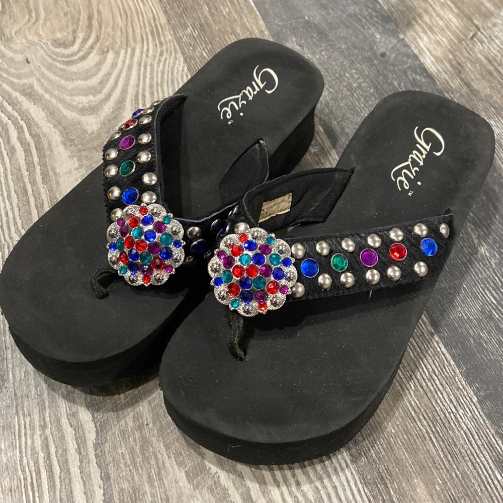 Rhinestone Cowhide Grazie Flip Flops